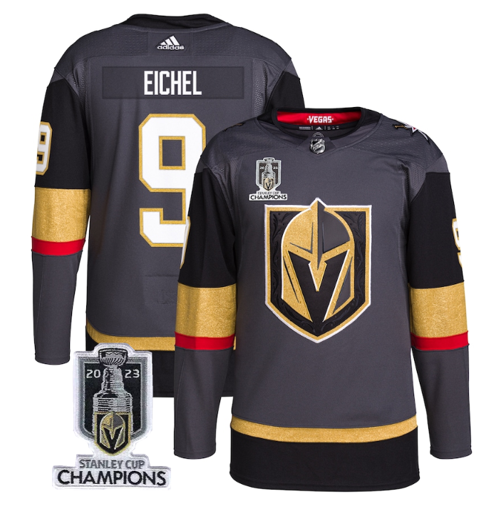 Men's Vegas Golden Knights #9 Jack Eichel Gray 2023 Stanley Cup Champions Stitched Jersey